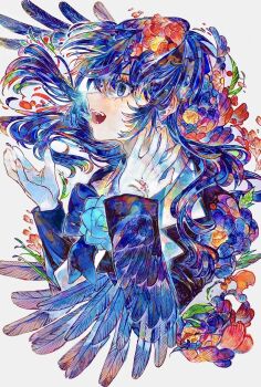 1girl ado_(utaite) blue_eyes blue_hair blush chando_(ado) commentary feathers gloves highres kita_kai long_hair open_mouth solo teeth upper_body utaite white_gloves yodaka_(ado)