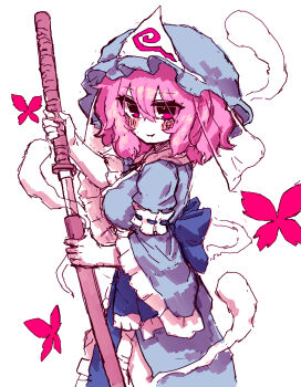 Rule 34 | 1girl, absurdres, blue hat, blue kimono, blush, breasts, bug, butterfly, closed mouth, commentary, frilled kimono, frills, from side, ghost, hat, highres, insect, japanese clothes, kimono, korean commentary, long sleeves, mob cap, pink hair, rampa93, saigyouji yuyuko, sheath, short hair, simple background, smile, solo, touhou, triangular headpiece, unsheathing, white background, wide sleeves