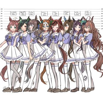 6+girls admire_vega_(umamusume) ahoge bamboo_memory_(umamusume) black_hair breasts brown_hair chart ear_covers hair_between_eyes hair_ornament height_chart highres kumo_(mokumoku_warabi) looking_at_viewer medium_breasts medium_hair mejiro_bright_(umamusume) mejiro_dober_(umamusume) multiple_girls nice_nature_(umamusume) red_hair rhein_kraft_(umamusume) school_uniform simple_background smile thighhighs tosen_jordan_(umamusume) tracen_school_uniform umamusume waving winning_ticket_(umamusume)