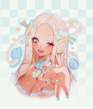 1girl aegyo_sal animal_earrings animal_ears blonde_hair blue_background blue_eyes blue_eyeshadow blue_flower blue_nails blue_ribbon blue_trim breasts checkered_background choker cleavage colored_skin commentary cropped_arm cropped_torso dreadlocks earrings english_commentary eyelashes eyeshadow fangs film_grain fingernails floating floating_object flower flower_necklace forehead furry furry_female gem gem-studded_nails gradient_background gyaru_v hair_flower hair_ornament halftone hibiscus highres jewelry large_breasts light_blush long_fingernails long_hair looking_at_viewer makeup monkey_ears monkey_girl multicolored_skin necklace noisykoala one_eye_closed open_mouth orange_eyeshadow original parted_bangs pearl_(gemstone) pearl_earrings pearl_necklace pink_lips ribbon ribbon_choker shell shiny_skin short_eyebrows sketch smile star_(symbol) tan teeth thick_eyebrows thick_lips tongue two-tone_eyeshadow two-tone_skin v