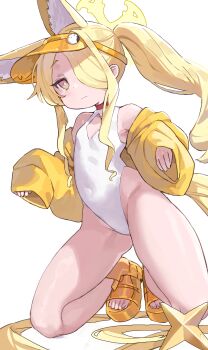 1girl absurdres animal_ear_fluff animal_ears blonde_hair blue_archive breasts clothing_cutout commentary covered_navel cross_halo diamond_cutout fox_ears fox_girl fox_tail hair_over_one_eye halo highleg highleg_one-piece_swimsuit highres jacket kkaebing kneeling long_hair official_alternate_costume official_alternate_hairstyle one-piece_swimsuit open-toe_shoes orange_eyes seia_(blue_archive) seia_(swimsuit)_(blue_archive) shoes side_ponytail simple_background small_breasts solo swimsuit tail visor_cap white_background white_one-piece_swimsuit yellow_halo yellow_jacket yellow_shoes yellow_visor