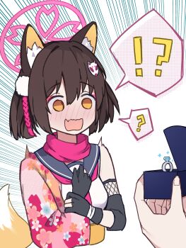 !? 1girl 1other ? absurdres animal_ear_fluff animal_ears black_gloves blue_archive blue_sailor_collar blush brown_hair eyeshadow fang fingerless_gloves floral_print fox_ears fox_girl fox_tail gloves hair_ornament halo highres holding holding_jewelry izuna_(blue_archive) japanese_clothes jewelry makeup marriage_proposal mibashi_(hash1_bam1) neckerchief open_mouth ornate_ring partially_fingerless_gloves pink_eyeshadow pink_halo pink_neckerchief pink_scarf pom_pom_(clothes) pom_pom_hair_ornament pov pov_hands ring sailor_collar scarf skin_fang solo_focus spoken_interrobang spoken_question_mark surprised tail wedding_ring yellow_eyes