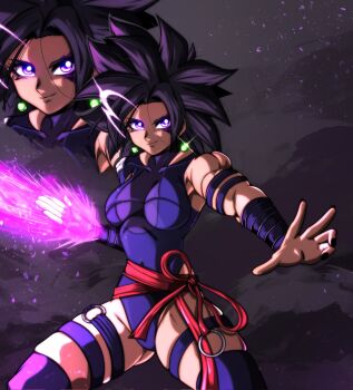 1girl alternate_costume armpits bandages black_hair breasts cosplay decial10 dragon_ball dragon_ball_super dust earrings energy energy_drink energy_sword fingerless_gloves gloves glowing glowing_eyes highres jewelry kefla_(dragon_ball) large_breasts light_particles marvel marvel_rivals muscular muscular_female nails potara_earrings psylocke psylocke_(cosplay) purple_background purple_eyes smile spiked_hair sword weapon x-men