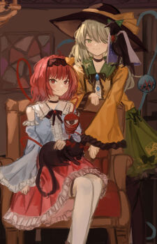 2girls absurdres bird black_thighhighs blue_shirt blush bow cape cat closed_mouth commentary crow frills green_bow green_eyes green_hair green_skirt hair_ribbon hairband hat highres kaenbyou_rin kaenbyou_rin_(cat) komeiji_koishi komeiji_satori long_hair long_sleeves looking_at_viewer medium_hair multiple_girls multiple_tails pink_eyes pink_hair pink_skirt reiuji_utsuho reiuji_utsuho_(bird) ribbon shirt sitting skirt smile tail thighhighs third_eye touhou two_tails vanilla_flan white_thighhighs yellow_shirt