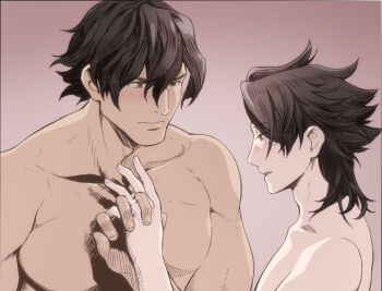2boys black_eyes black_hair collarbone commentary_request couple cyrus_albright hair_between_eyes holding_hands jewelry light_blush looking_at_another male_focus medium_hair multiple_boys muscular muscular_male octopath_traveler octopath_traveler_i olberic_eisenberg open_mouth pink_background profile ring shikimiorange short_hair tan topless_male upper_body wedding_ring yaoi