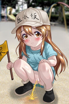 1girl anus baseball_cap black_boots blue_shirt blush boots bottomless brown_eyes brown_hair chapio clothes_writing collarbone embarrassed exhibitionism flag flat_chest hand_on_own_knee hat hataraku_saibou highres holding holding_flag loli long_hair looking_at_viewer no_panties oversized_clothes oversized_shirt peeing platelet_(hataraku_saibou) playground public_indecency puddle pussy sand shirt short_sleeves slide squatting swing tree uncensored white_hat
