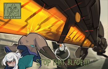 2girls ass ass_shake between_buttocks centurii-chan computer_mouse english_text gameplay_mechanics highres mecha metal_gear_(robot) metal_gear_(series) metal_gear_ray metal_gear_rising:_revengeance multiple_girls original parody rapier-chan_(centurii-chan) robot science_fiction sparks subtitled twerking white_hair