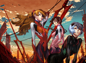 3girls artist_request ass ayanami_rei blue_hair blue_sky bodysuit breasts brown_hair building city debris eyepatch floating_hair glasses grabbing_own_ass gradient_sky hands_on_own_ass hanging_breasts huge_weapon longinus_(phantom_of_the_kill) makinami_mari_illustrious medium_breasts multiple_girls neon_genesis_evangelion orange_hair orange_sky polearm red_eyes serious sky smile souryuu_asuka_langley spear sunset weapon