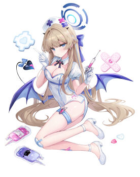 Rule 34 | 1girl, bandaid, bat wings, blue archive, blue eyes, bow, breasts, cano852, cleavage, cleavage cutout, clothing cutout, cross, cross earrings, demon wings, dress, earrings, gloves, hair bow, hat, heart, high heels, highres, holding, jewelry, large breasts, long hair, looking at viewer, low wings, medium breasts, nurse, nurse cap, short dress, short sleeves, solo, syringe, thigh strap, toki (blue archive), very long hair, white dress, white gloves, wings