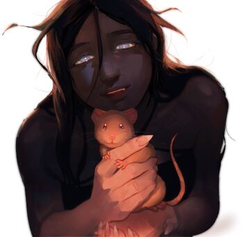 Rule 34 | 1girl, :d, angela he, animal, black hair, black tube top, close-up, criss-cross halter, dim lighting, fang, glowing, grey eyes, grin, halterneck, highres, holding, holding animal, incoming gift, looking at viewer, messy hair, mouse (animal), non-web source, official art, open mouth, smile, solo, stop burying me alive beautiful!, strapless, tube top, upper body