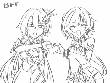 2girls ajita_(honkai_impact) bare_shoulders blush breasts choker closed_eyes earrings greyscale hair_between_eyes honkai_(series) honkai_impact_3rd jewelry large_breasts long_hair looking_at_viewer monochrome multiple_girls nabeiro_kin open_mouth short_hair simple_background smile thumbs_down very_long_hair vita_(honkai_impact) white_background