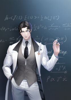 1boy absurdres black_hair blue_eyes board feathers formal_clothes highres jewelry looking_at_viewer male_focus math muscular muscular_arms muscular_male necktie nikola_tesla_(shuumatsu_no_valkyrie) ornament physics pocket ring serious short_hair shuumatsu_no_valkyrie solo suit writing