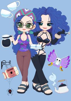 1girl absurdres black_gloves black_pants blue_background blue_hair brown_pants bug chibi coffee_pot commentary commission cropped_jacket crossed_legs cup english_commentary full_body glasses gloves headscarf highres holding holding_coffee_pot holding_smoking_pipe jolly_roger kettle long_hair looking_at_viewer martinsdmelo o-ring one_piece pants paula_(one_piece) ponytail sandals skull skull_and_crossed_swords smile smoking_pipe spider tank_top v-shaped_eyebrows