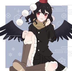 Rule 34 | 1girl, alternate costume, asumi276, bird wings, black hair, black jacket, black skirt, black wings, blue background, blush, boots, border, brown footwear, brown scarf, buttons, commentary request, feathered wings, frilled skirt, frills, geta, hand in own hair, hat, head tilt, highres, jacket, long sleeves, looking at viewer, miniskirt, parted lips, pleated skirt, pom pom (clothes), red eyes, red hat, scarf, shameimaru aya, shoe soles, short hair, sitting, skirt, solo, tengu-geta, tokin hat, touhou, wavy hair, white border, wings
