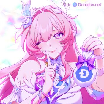 1girl ;) bag bare_shoulders breasts commentary commission cyrene_(honkai:_star_rail) cyrene_(ripples_of_past_reverie)_(honkai:_star_rail) dress english_commentary flower hair_flower hair_ornament highres holding holding_bag honkai:_star_rail honkai_(series) large_breasts long_hair looking_at_viewer one_eye_closed pink_hair pointy_ears purple_eyes simple_background sirin_(sirinshome) smile solo upper_body very_long_hair watermark web_address white_background white_dress