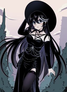 Rule 34 | 1girl, absurdres, arm up, black choker, black dress, black hair, black hat, black thighhighs, breasts, choker, cleavage, commentary, cowboy shot, day, double-parted bangs, dress, english commentary, grey eyes, grey streaks, hair between eyes, hat, highres, large breasts, long hair, long sleeves, looking at viewer, multicolored hair, open mouth, original, outdoors, pentagram, ryuuxin, sadie (ryuuxin), side slit, solo, streaked hair, thighhighs