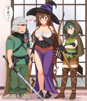 1boy 2girls arrow_(projectile) artist_self-insert bad_id bad_pixiv_id black_gloves bow_(weapon) breasts brown_hair character_request cherry_blossoms cleavage cloak cosplay crossed_arms dragon&#039;s_crown elf_(dragon&#039;s_crown) elf_(dragon&#039;s_crown)_(cosplay) gloves green_eyes green_hair halloween halloween_costume heart highres kantai_collection large_breasts long_hair multiple_girls quiver shin&#039;en-san_(shin&#039;en) shin&#039;en_(gyokuro_company) shorts sorceress_(dragon&#039;s_crown) sorceress_(dragon&#039;s_crown)_(cosplay) spoken_heart sword tattoo translated very_long_hair weapon yamato_(kancolle) zuikaku_(kancolle)