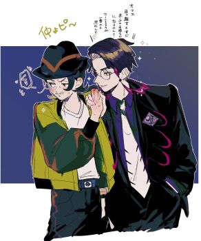 2boys angry black_hat black_jacket black_pants blush collared_shirt corbeau_(pokemon) dokkukinokowax embarrassed green_jacket hat highres holding_hands jacket male_focus multiple_boys necktie nintendo pants paxton_(pokemon) pokemon pokemon_legends:_z-a purple_shirt shirt short_hair translation_request white_necktie yaoi