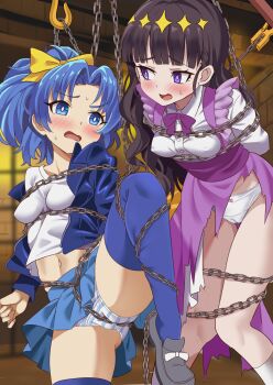 2girls arms_at_sides arms_up ass bdsm belly blue_eyes blue_hair blue_jacket blue_panties blue_skirt blue_thighhighs blunt_bangs blush bondage bound bound_arms bound_legs bound_together bound_torso bow bow_panties bowtie breasts cameltoe chain clothes_lift collared_shirt commission crotch_rope delicious_party_precure dress dungeon embarrassed female_focus gluteal_fold hair_ornament high_ponytail highres jacket kasai_amane kneehighs layered_dress leg_up legs long_hair long_sleeves looking_at_another looking_to_the_side medium_breasts medium_hair messy_hair midriff midriff_peek miniskirt multiple_girls navel nervous nervous_smile nervous_sweating nipples nipples_visible_through_shirt open_mouth panties pantyshot pelvic_curtain perky_breasts pink_bow pixiv_commission pleated_skirt ponytail precure purple_bow purple_bowtie purple_dress purple_eyes purple_hair restrained shimouki_izui shirt shoes sidelocks skin_tight skindentation skirt skirt_lift smile socks stomach straight_hair striped_clothes striped_panties struggling suspended_congress suspension sweat sweatdrop tategami_aoi thigh_gap thighhighs thighs tiara tongue torn_clothes torn_dress underwear upskirt white_dress white_panties white_shirt white_socks
