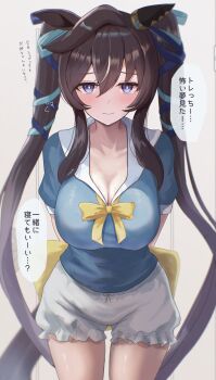 1girl absurdres animal_ears arms_behind_back bloomers blue_eyes blue_ribbon blue_shirt breasts brown_hair cleavage collarbone commentary_request ear_covers hair_between_eyes hair_ribbon highres horse_ears horse_girl kaniitama large_breasts looking_at_viewer mole mole_under_eye ribbon shirt single_ear_cover solo speech_bubble translation_request twintails umamusume underwear vivlos_(umamusume) white_bloomers