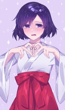 1boy black_hair blush bob_cut chihaya_(clothing) choker crying crying_with_eyes_open fingernails four-finger_heart_hands hair_ornament hairclip hakama hakama_skirt heart heart_hands highres imamiyajet japanese_clothes kosode miko open_mouth purple_eyes red_hakama ribbon_choker ribbon_trim science_adventure short_hair skirt skull_hair_ornament solo steins;gate tearing_up tears tongue trap urushibara_luka wide_sleeves
