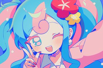 1girl ;d blue_background blue_eyes blue_hair blush choker double-parted_bangs ebi_(shrimp_eleven) fingernails hand_up heart heart_choker highres long_fingernails long_hair long_sleeves looking_at_viewer multicolored_hair nail_polish one_eye_closed open_mouth original outstretched_arm pink_choker pink_hair pink_nails pink_shirt portrait shirt smile solo twintails two-tone_hair w