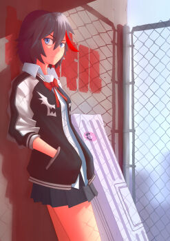 1girl absurdres against_wall black_hair black_jacket blue_eyes blue_skirt blurry blurry_background bob_cut bow bowtie breasts case chain-link_fence closed_mouth commentary copyright_name dress_shirt expressionless fence hair_between_eyes hands_in_pockets heart highres jacket kill_la_kill kya_(kyamonhara) leaning_back letterman_jacket long_sleeves looking_at_viewer matoi_ryuuko multicolored_hair multicolored_jacket open_clothes open_jacket outdoors overcast painttool_sai_(medium) pleated_skirt raglan_sleeves red_bow red_bowtie red_hair school_uniform shadow shirt short_hair skirt sky skyline small_breasts solo standing star-shaped_pupils star_(symbol) stone_wall streaked_hair symbol-shaped_pupils translated two-tone_jacket wall weapon_case white_jacket white_shirt