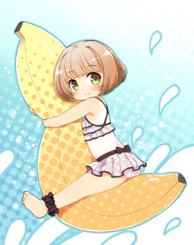 1girl ankle_garter bad_id bad_pixiv_id banana_boat barefoot bikini blush brown_hair child female_focus from_side green_eyes hug kito_(sorahate) looking_at_viewer on_banana one-piece_tan original riding short_hair skirt smile solo swimsuit tan tanline
