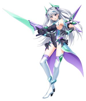 1girl black_gloves blue_eyes boots breasts chest_jewel covered_erect_nipples covered_navel earrings elbow_gloves exs-tia_avalas full_body game_cg gloves grey_hair gun hair_ornament headgear high_heels highres holding holding_gun holding_weapon itakano_shigure jewelry kamitsurugi_ouka kouyoku_senki_exs-tia_concert large_breasts large_variant_set leotard long_hair looking_at_viewer magical_girl non-web_source official_art open_mouth showgirl_skirt skin_tight solo sword tachi-e thigh_boots thighhighs transparent_background two_side_up variant_set weapon