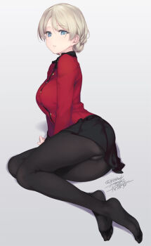 10s 1girl 2016 :o arm_support artist_name ass black_pantyhose black_skirt blonde_hair blue_eyes braid breasts buttons crotch_seam darjeeling_(girls_und_panzer) dated eyebrows feet female_focus full_body girls_und_panzer jacket large_breasts long_sleeves looking_at_viewer lying military military_uniform no_shoes on_side panties panties_under_pantyhose pantyhose parted_lips pleated_skirt red_jacket reference_work rokuwata_tomoe short_hair signature skirt soles solo toes underwear upskirt white_panties
