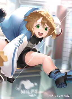 1boy :d ahoge akisa_yositake bike_shorts black_gloves black_skirt blonde_hair blue_jacket blue_shoes bridget_(guilty_gear) cityscape commentary_request cuffs fingerless_gloves floating gloves green_eyes guilty_gear guilty_gear_strive hair_between_eyes handcuffs holding holding_string hood hood_up hooded_jacket jacket long_hair looking_at_viewer male_focus miniskirt open_clothes open_jacket open_mouth outdoors pleated_skirt shoes sidelocks skindentation skirt smile solo string swinging teeth trap twitter_username upper_teeth_only white_sleeves yo-yo