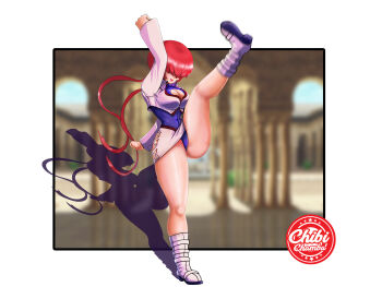 1girl boots breasts cameltoe chibichamba cleavage_cutout clothes_lift clothing_cutout curvy female_focus fishnets flexible gluteal_fold gymnastics highres jacket large_breasts leg_up long_hair long_sleeves pale_skin ponytail red_hair shermie_(kof) shiny_skin skirt skirt_lift smile standing standing_on_one_leg the_king_of_fighters thick_thighs thighs upskirt wide_hips