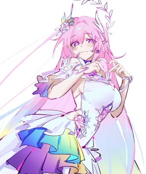 1girl absurdres breasts commentary cyrene_(honkai:_star_rail) cyrene_(ripples_of_past_reverie)_(honkai:_star_rail) diamond-shaped_pupils diamond_(shape) dress flower four-finger_heart_hands hair_flower hair_ornament halo heart heart_hands highres honkai:_star_rail honkai_(series) large_breasts long_hair pek0_ww pink_hair pointy_ears purple_eyes simple_background smile solo symbol-only_commentary symbol-shaped_pupils very_long_hair white_background white_dress