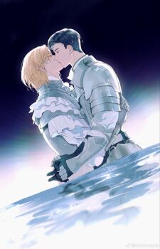 2boys armor black_hair blonde_hair breastplate closed_eyes collared_shirt commentary dion_lesage eyelashes final_fantasy final_fantasy_xvi frilled_shirt frills gauntlets highres hug kiss male_focus multiple_boys pauldrons profile shirt short_hair short_sideburns shoulder_armor terrence_(ff16) tokikoi04 water wet wet_hair white_shirt yaoi