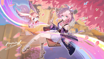 1girl absurdres bare_shoulders blue_eyes breasts closed_mouth coat commentary cyrene_(aedes_elysiae)_(honkai:_star_rail) cyrene_(honkai:_star_rail) dress from_above from_side gladiator_sandals hair_ornament hapwind highres honkai:_star_rail honkai_(series) looking_at_viewer medium_hair mem_(honkai:_star_rail) on_swing pink_hair pink_petals pink_pupils purple_coat sandals signature sitting small_breasts smile solo swing white_dress