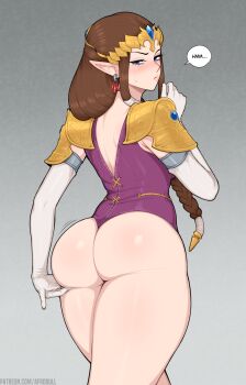 1girl afrobull ass ass_focus ass_lift blue_eyes blush braid braided_ponytail brown_hair earrings elbow_gloves embarrassed english_text from_behind gloves gradient_background highres jewelry long_hair looking_back nintendo patreon_username pauldrons piercing princess_zelda shoulder_armor sidelocks solo speech_bubble sweatdrop the_legend_of_zelda the_legend_of_zelda:_twilight_princess thick_thighs thighs tiara white_gloves