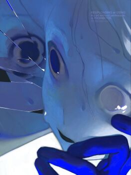 1girl blue_eyes blue_skin blue_theme broken_mirror colored_skin grey_eyes gtsleep1200 hand_on_own_cheek hand_on_own_face heterochromia highres mirror multicolored_skin original parted_lips portrait reflection solo two-tone_skin watermark wet white_skin
