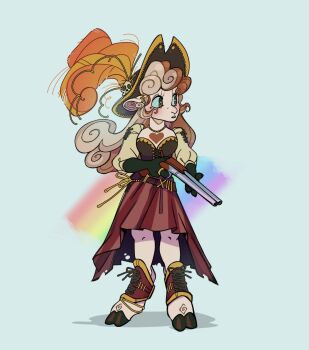 1girl animal_ears aqua_background belt black_hat black_shirt blonde_hair breasts brown_belt brown_hair captainpuffy cleavage commentary curly_hair dream_smp full_body furry furry_female green_eyes gun hat hat_feather highres holding holding_gun holding_weapon hooves long_hair long_sleeves medium_breasts minecraft_youtube multicolored_hair pirate_costume red_skirt ribbon sheep_ears sheep_girl shirt simple_background skirt skull split-color_hair standing weapon wiiilby yellow_ribbon