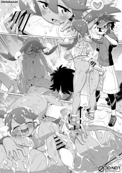 1boy 1girl ass bar_censor breasts censored cowgirl_position crop_top cum cum_in_pussy cumdrip fellatio greyscale hetero highres huge_breasts licking licking_penis monochrome nate_(pokemon) nintendo nipples oral penis penis_out pokemon pussy sex shorts skyla_(pokemon) straddling totukasan twintails vaginal visor_cap