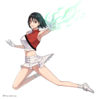 1girl artist_name black_hair breasts cheerleader commission cropped_shirt full_body gloves hair_between_eyes highres large_breasts looking_at_viewer midriff original panties pixiv_commission red_eyes setu_kurokawa shirt shoes short_hair simple_background skirt sleeveless sleeveless_shirt sneakers socks solo thighs twitter_username underwear watermark white_background white_gloves white_panties white_shoes white_skirt white_socks