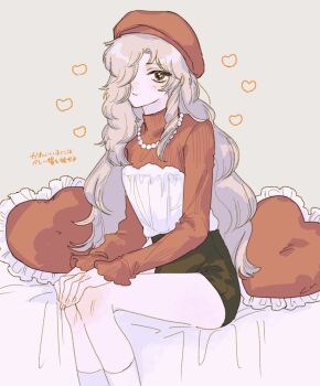173_mkt 1boy alternate_costume bed bed_sheet beret black_shorts blonde_hair blush brown_eyes commentary_request crossdressing crossdressing_(mtf) curly_hair curtained_hair feet_out_of_frame fingernails frilled_pillow frilled_sleeves frills from_side grey_background hair_over_one_eye hands_on_own_knees hat heart heart-shaped_pillow high-waist_shorts highres jewelry knee_blush layered_shirt legs_together long_hair long_sleeves looking_at_viewer loving_aura male_focus maraich_juschenfe necklace nose_blush on_bed parted_bangs patalliro! pearl_necklace pillow red_hat red_sweater ribbed_sweater shirt short_shorts shorts simple_background sitting sleeves_past_wrists smile socks solo strapless strapless_shirt sweater translation_request trap turtleneck turtleneck_sweater wavy_hair white_shirt white_socks