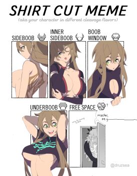 1girl absurdres breasts cleavage cleavage_cutout cleavage_reach clothing_cutout dany_fanella_morag_mctavish(omoshiroi) english_text fate/apocrypha fate/grand_order fate_(series) hair_between_eyes highres md5_mismatch meme multiple_drawing_challenge no_bra omoshiroi shirt_cut_meme siegfried_(fate) teeth underboob upper_teeth_only