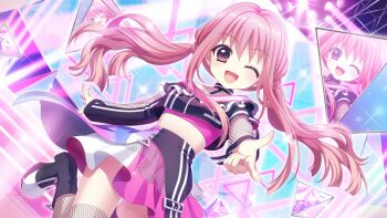 1girl ;d asahi_hina black_boots boots breasts concert crop_top dot_nose dutch_angle film_grain finger_gun fishnet_sleeves fishnet_thighhighs fishnets game_cg idol idol_clothes izumi_tsubasu long_hair long_sidelocks long_sleeves looking_at_viewer low_twintails midriff non-web_source official_art one_eye_closed open_mouth pink_eyes pink_hair pink_skirt prism re:stage! screen sidelocks skirt small_breasts smile solo sparkle stage stage_lights stairs standing standing_on_one_leg thighhighs tile_floor tiles twintails very_long_hair