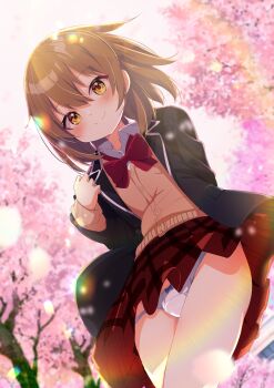 Rule 34 | 1boy, absurdres, anonymous crossdresser, blazer, blush, bow, bowtie, brown hair, bulge, cherry blossoms, closed mouth, collared shirt, commission, from below, highres, jacket, looking at viewer, male focus, original, panties, red skirt, shiro9jira, shirt, skeb commission, skirt, smile, solo, sweater vest, trap, underwear, white panties, white shirt