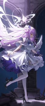 1girl 4meart0112 absurdres angel_wings blue_archive blue_bow bow breasts buttons capelet clothes_lift commentary_request crescent double-breasted dress gold_trim halo high_heels highres long_hair low_wings medium_breasts mika_(blue_archive) open_mouth pantyhose pink_hair pink_halo pumps scrunchie skirt skirt_lift smile solo very_long_hair white_capelet white_dress white_pantyhose white_wings wing_ornament wings wrist_scrunchie