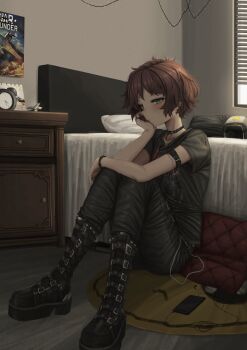 1girl absurdres alarm_clock analog_clock armband bed bedroom belt_boots black_armband black_boots black_choker black_pants black_shirt blush bob_cut boots bracelet brown_hair calendar_(object) cellphone choker christmas_lights clock closed_mouth commentary commission earbuds earphones english_commentary expressionless goth_fashion green_eyes head_rest headboard highres hugging_own_legs jewelry knee_boots knees_up lobsteranian looking_at_viewer messy_hair nightstand on_ground original pants phone platform_boots platform_footwear poster_(object) rug shirt short_hair sitting smartphone solo t-shirt wallet_chain war_thunder window window_blinds