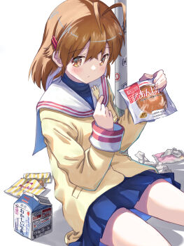 1girl akayama_yukihe anpan antenna_hair blazer blue_skirt blush brown_eyes brown_hair clannad closed_mouth commentary cowboy_shot drink_carton expressionless food fork furukawa_nagisa hair_between_eyes hair_ornament hairclip hands_up highres hikarizaka_private_high_school_uniform holding holding_food holding_fork jacket long_sleeves looking_at_viewer medium_hair milk_carton miniskirt pleated_skirt sailor_collar school_uniform serafuku simple_background sitting skirt solo tareme tissue tissue_box turtleneck utility_pole white_background white_sailor_collar yellow_jacket