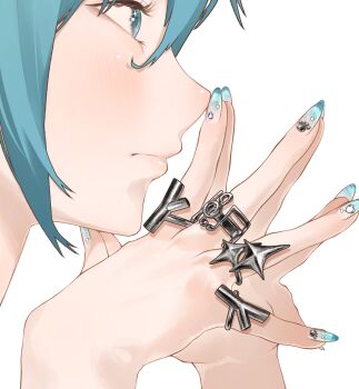 1girl aqua_eyes aqua_hair aqua_nails commentary_request hatsune_miku highres jewelry looking_to_the_side musical_note nail_polish noranucoo own_hands_together ring simple_background solo treble_clef vocaloid white_background