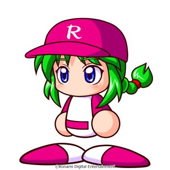 1girl artist_request baseball_cap baseball_uniform belt blue_eyes braid commentary_request copyright_notice green_hair hat hayakawa_aoi jikkyou_powerful_pro_yakyuu jikkyou_powerful_pro_yakyuu_(style) multicolored_shirt multicolored_shoes no_mouth official_art pink_belt pink_hat pink_shirt pink_shoes power_pro_appli rayman_limbs shirt shoes single_braid solo sportswear two-tone_shirt two-tone_shoes white_background white_shirt white_shoes