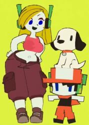 1boy 1girl android animated baggy_pants black_hair blonde_hair blue_eyes bouncing_breasts breasts cleavage clothes_pull collar colored_skin crop_top curly_brace curvy dancing dog doukutsu_monogatari hat open_mouth pants pants_pull quote_(cave_story) robot shoes size_difference tagme video wamudraws ward wardrobe_malfunction white_skin